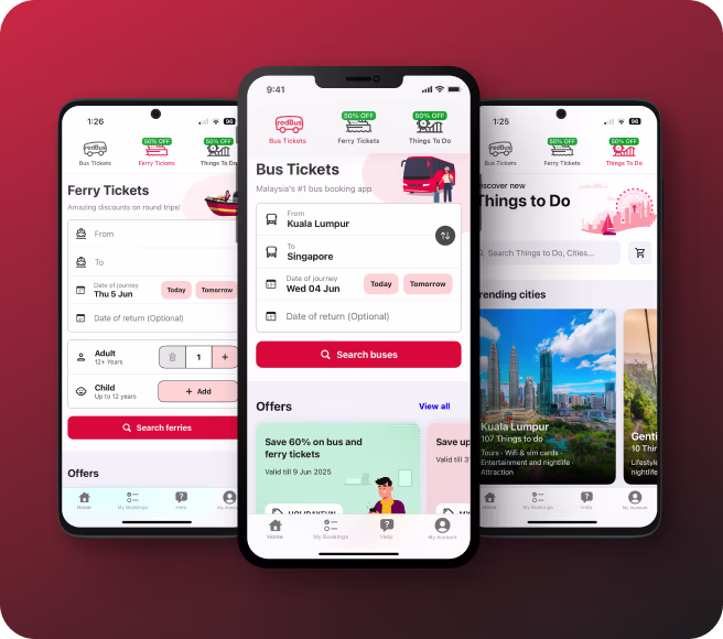 RedBus mobile app screenshots showing bus booking features